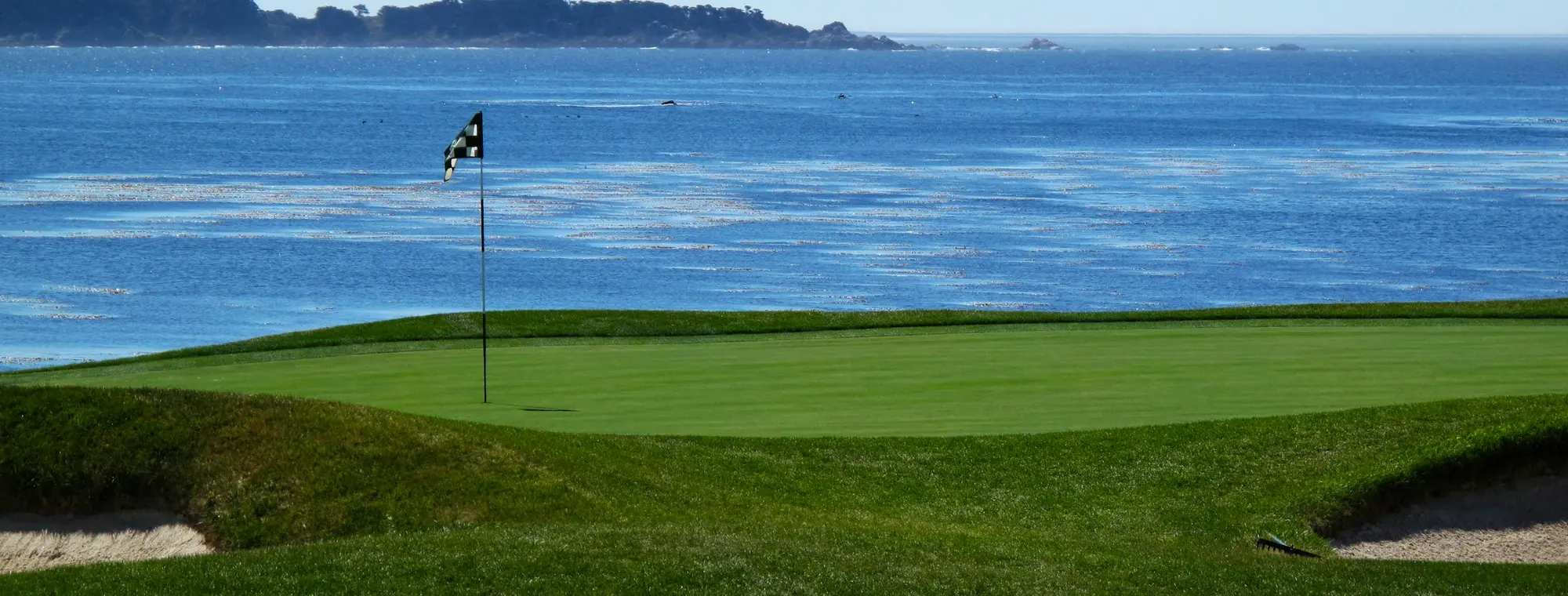 A manicured par-3 green with a pin flag perched above deep-blue ocean and a rocky headland.